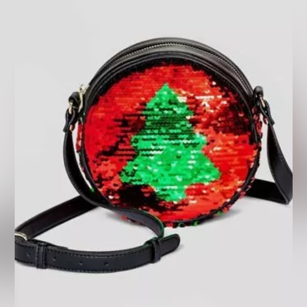 Mad Love  sequin round Crossbody Bag red & green christmas tree